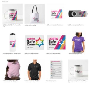 image contains various items from Keshet store, including Safe Zone stickers, 7 Jewish values posters, T-shirts, and more!