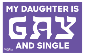 Image shows the text "My daughter is gay and single" on a purple background.