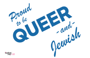 Image shows blue text on a white background. The text is written at an angle. The text reads "Proud to be Queer and Jewish." 