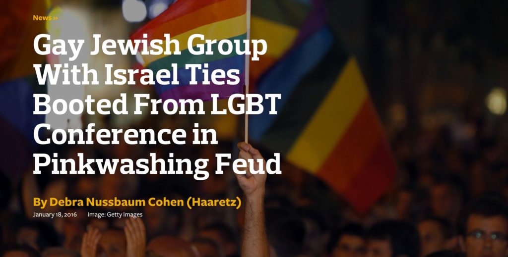 Image is cover image from Haaretz, featuring a crowd of people. A hand in the foreground is holding up a rainbow flag.