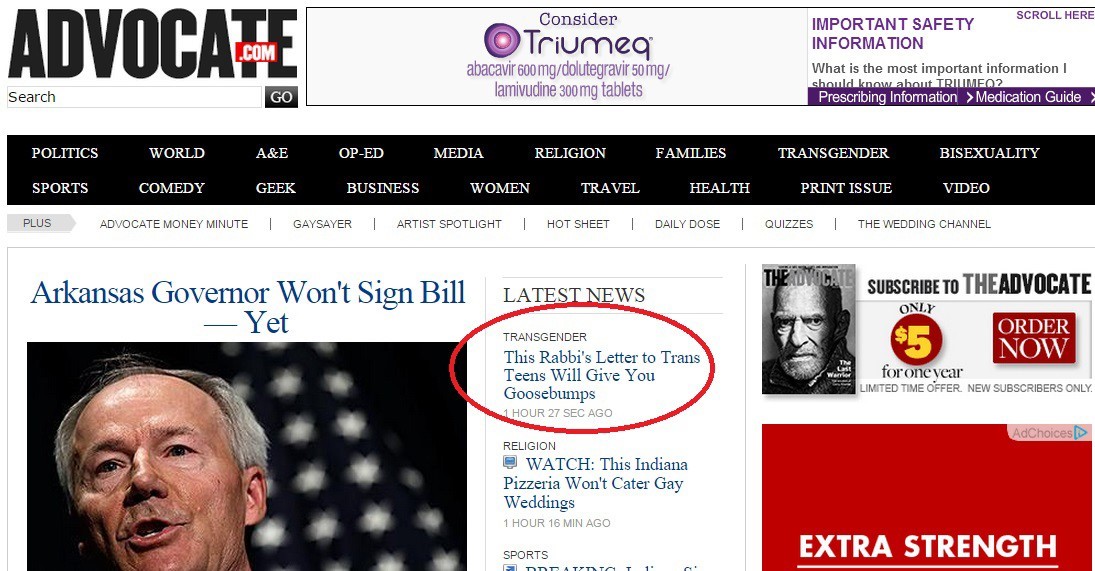 Image is of the Advocate.com home page, with its top articles. One article title is circled in red.