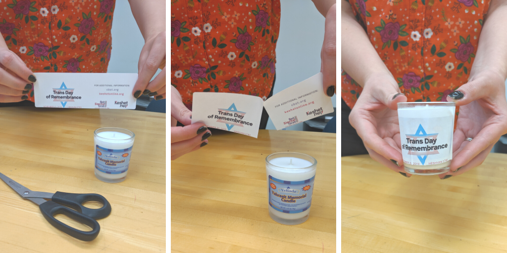 Three photos demonstrating the instructions for adding the sticker to a candle.