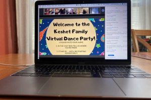 Laptop screen displaying the Keshet Family Virtual Dance Party