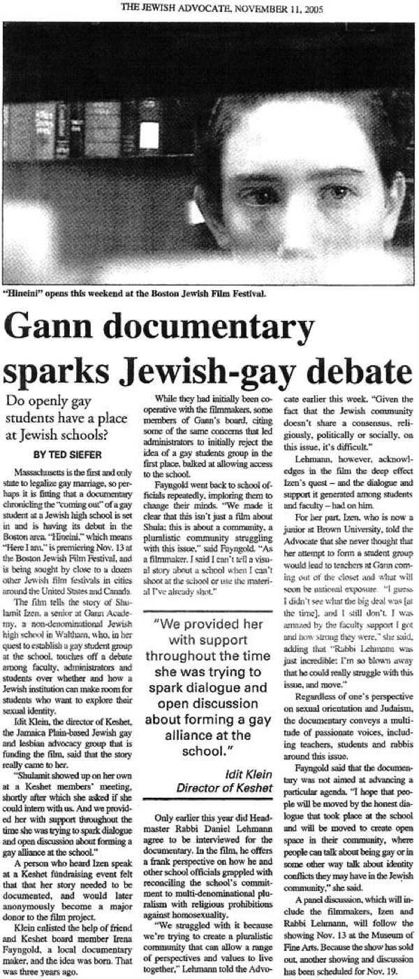 Image of a newspaper article with the headline: "Gann documentary sparks Jewish-gay debate"