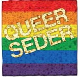 Image of the rainbow LGBTQ flag with the words "Queer Seder" written on it