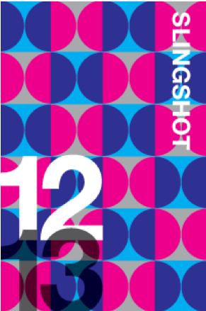 Image of the slingshot magazine cover. It is covered in blue, pink, and gray dots.
