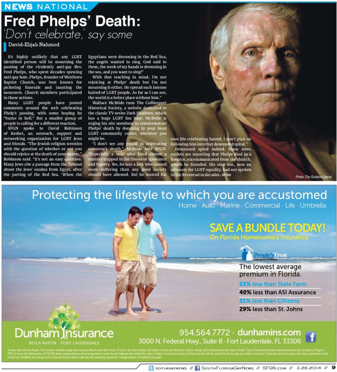 Image of an article with the title "Fred Phelps' Death: 'Don't celebrate,' say some"