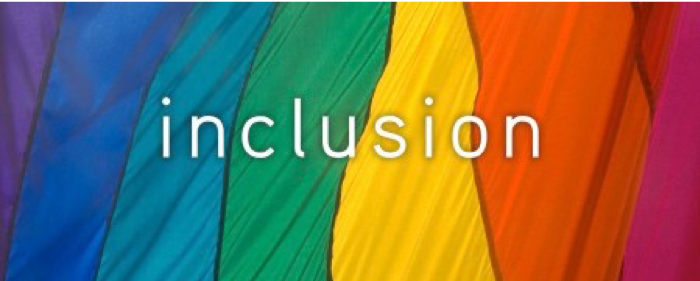 Image of the word "inclusion" over the rainbow LGBTQ flag.