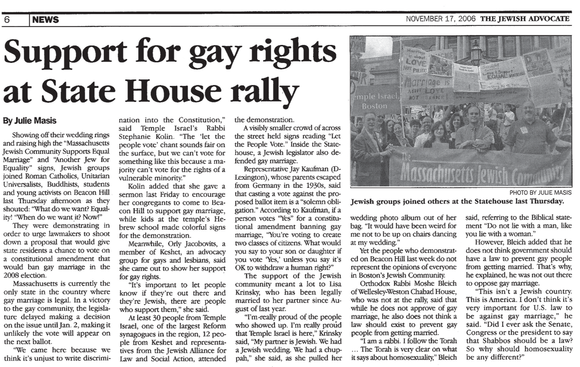 Image of a newspaper article with the title: "Support for gay rights at State House rally"