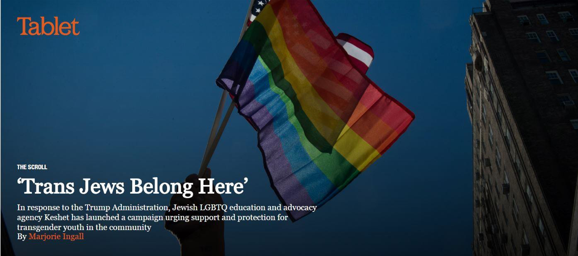 Image of a rainbow LGBTQ+ flag flying outside with the heading: "Trans Jews Belong Here."