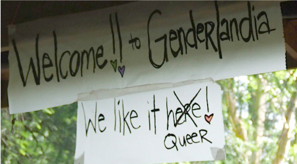 Image of two hand-made signs: one says: "Welcome to Genderlandia!" and the other says: "We like it here ("here" is crossed off and "queer" is written below it.) 