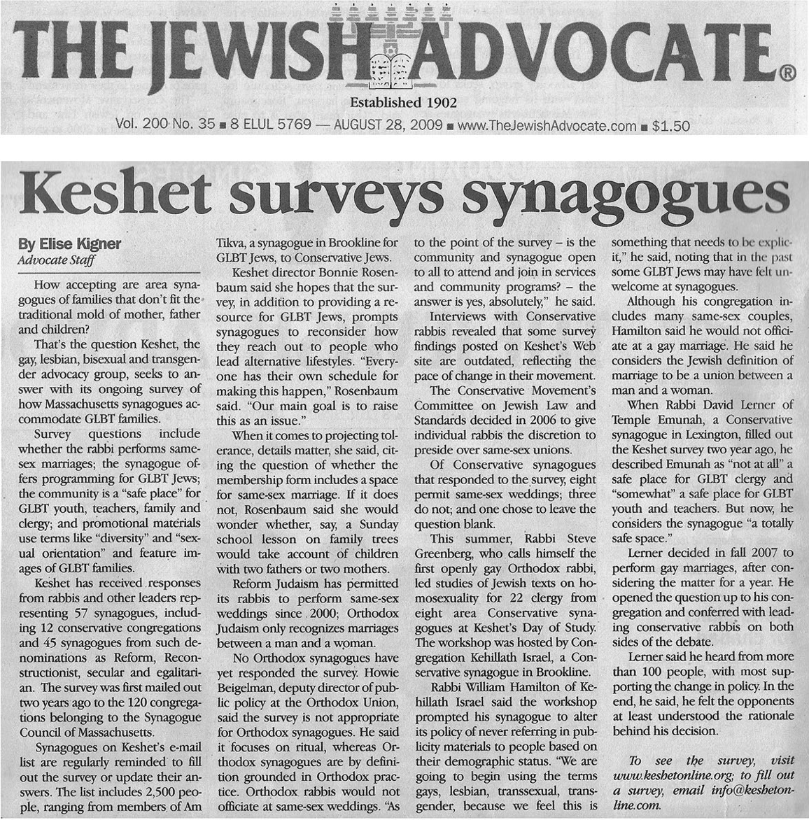 Image of a newspaper article with the title: "Keshet surveys synagogues"