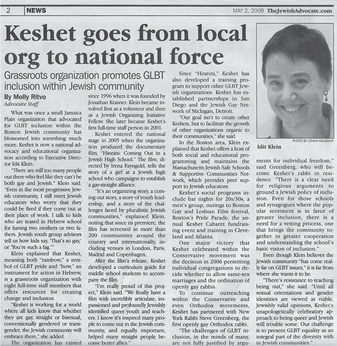 Image of a newspaper article with the title: "Keshet goes from local org to national force"