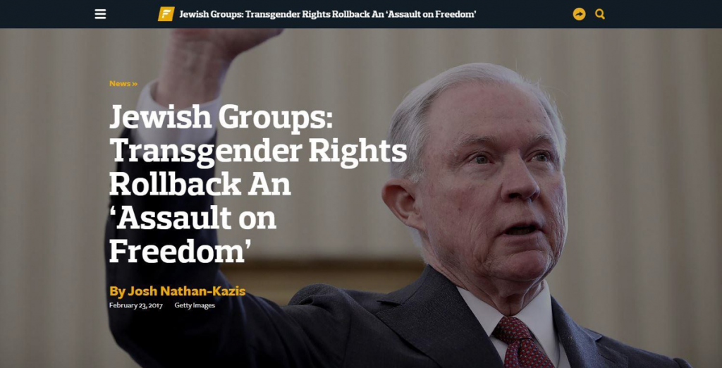 Image of a news article header that reads "Jewish Groups: Transgender Rights Rollback An 'Assault on Freedom' by Josh Nathan-Kazis"