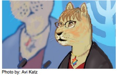 Image of a lion wearing glasses and a black jacket speaking in front of a microphone. The lion is wearing a rainbow Star of David necklace.