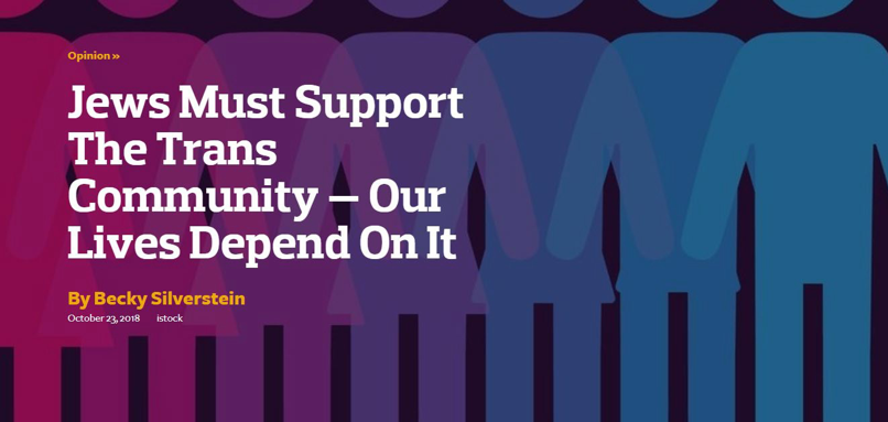 Image with the words "Jews Must Support the Trans Community -- Our Lives Depend On It" by Becky Silverstein