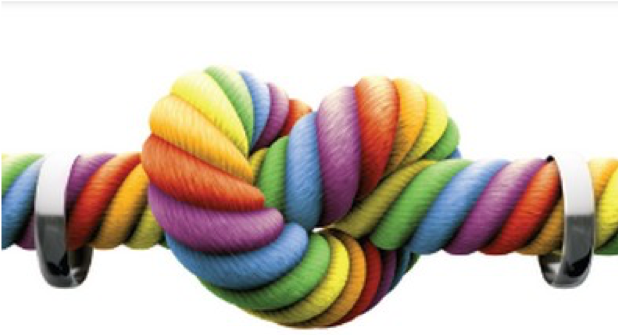 Image of a knotted rainbow rope tied into a heart shape.