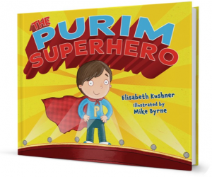 Cover of "The Purim Superhero." A boy stands on a stage wearing a red cape and a blue shirt with a "P" on it. His hands are on his hips.