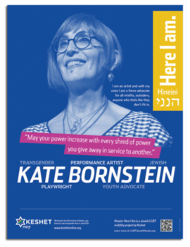 Image of one of Keshet's LGBT Heroes poster. This one features Kate Bornstein.