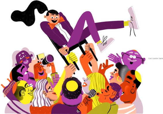A colorful cartoon drawing of a group of people lifting up a young person sitting in a chair. The young person is wearing a purple suit and an orange bowtie, and has long black hair.