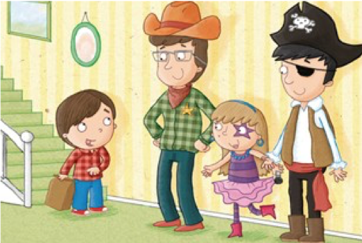 Image of a page from "The Purim Superhero." It features four characters -- Nate, his two dads, and Nate's friend.