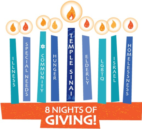 Image of a cartoon menorah with the caption: "8 Nights of Giving." Each candle has a word on it -- illnesses special needs, community, hunger, elderly, LGBTQ, Israel, homelessness. The middle candle has "Temple Sinai" on it.
