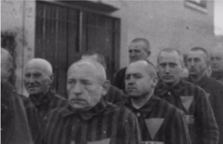 Image of a group of men in the Holocaust wearing pink triangles.