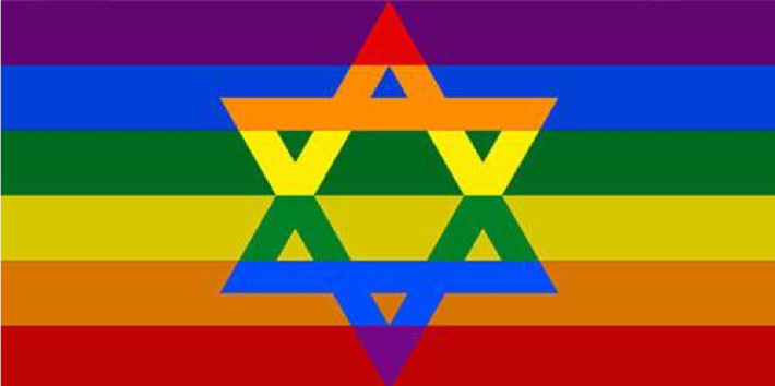 Image of a rainbow Star of David in front of the LGBTQ flag background