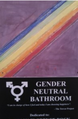 Image of a plaque that reads: "Gender Neutral Bathroom." It has a picture of a rainbow on it.