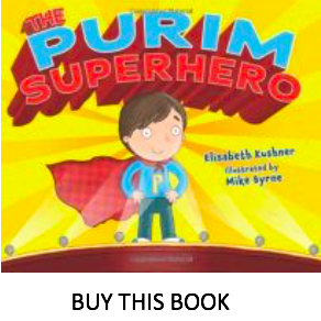 Cover of "The Purim Superhero." A boy stands on a stage wearing a red cape and a blue shirt with a "P" on it. His hands are on his hips.