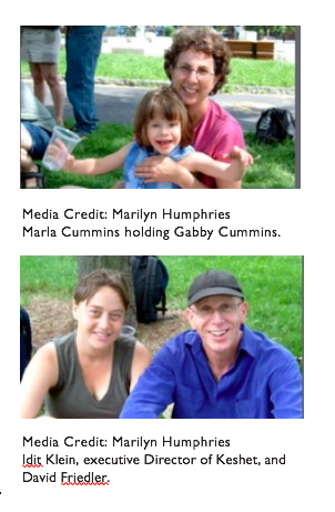 Two images. The top image shows a woman holding a smiling toddler. The bottom image shows Idit Klein sitting with a man in a blue shirt.