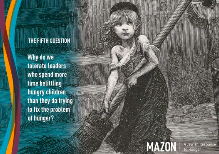 Image with the words: "The Fifth Question: Why do we tolerate leaders who spend more time belittling hungry children than they do trying to fix the problem of hunger" over a background featuring a drawing of a young girl holding a broom.