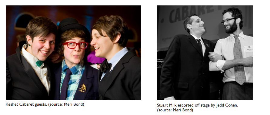 Two images side by side. One shows three Cabaret guests dressed in suits and smiling. The other shows Stuart Milk being led off stage by Jedd Cohen.