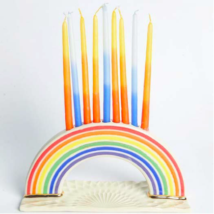 Image of a rainbow menorah.