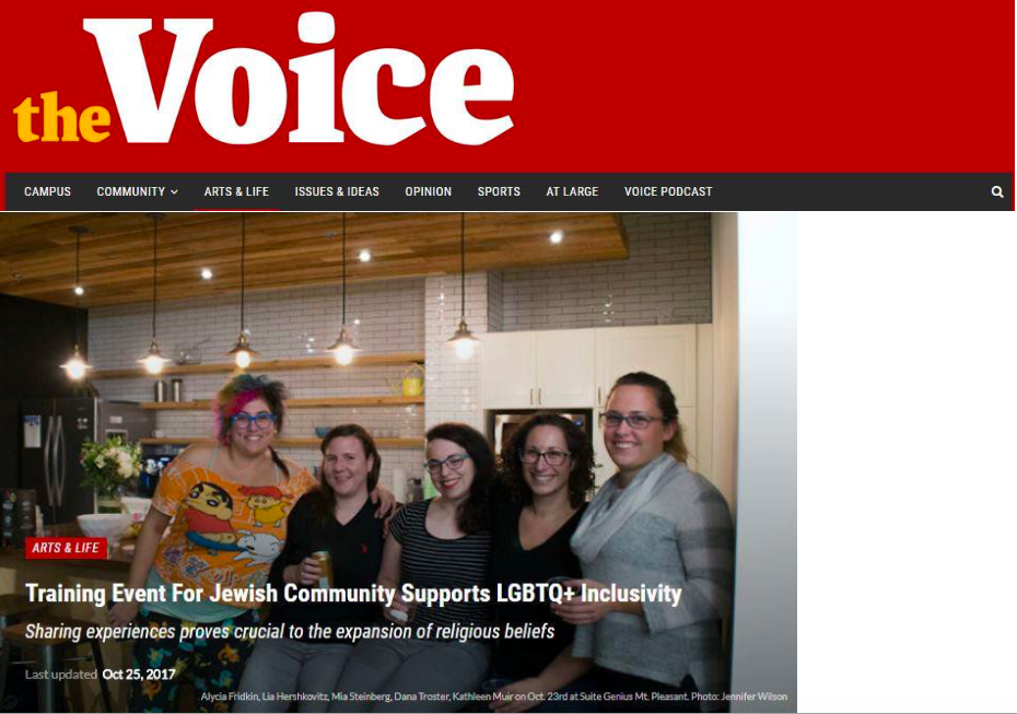 Image of "The Voice" Header and a picture showing five people standing in a kitchen, with the title: "Training Event for Jewish Community Supports LGBTQ+ Inclusivity."