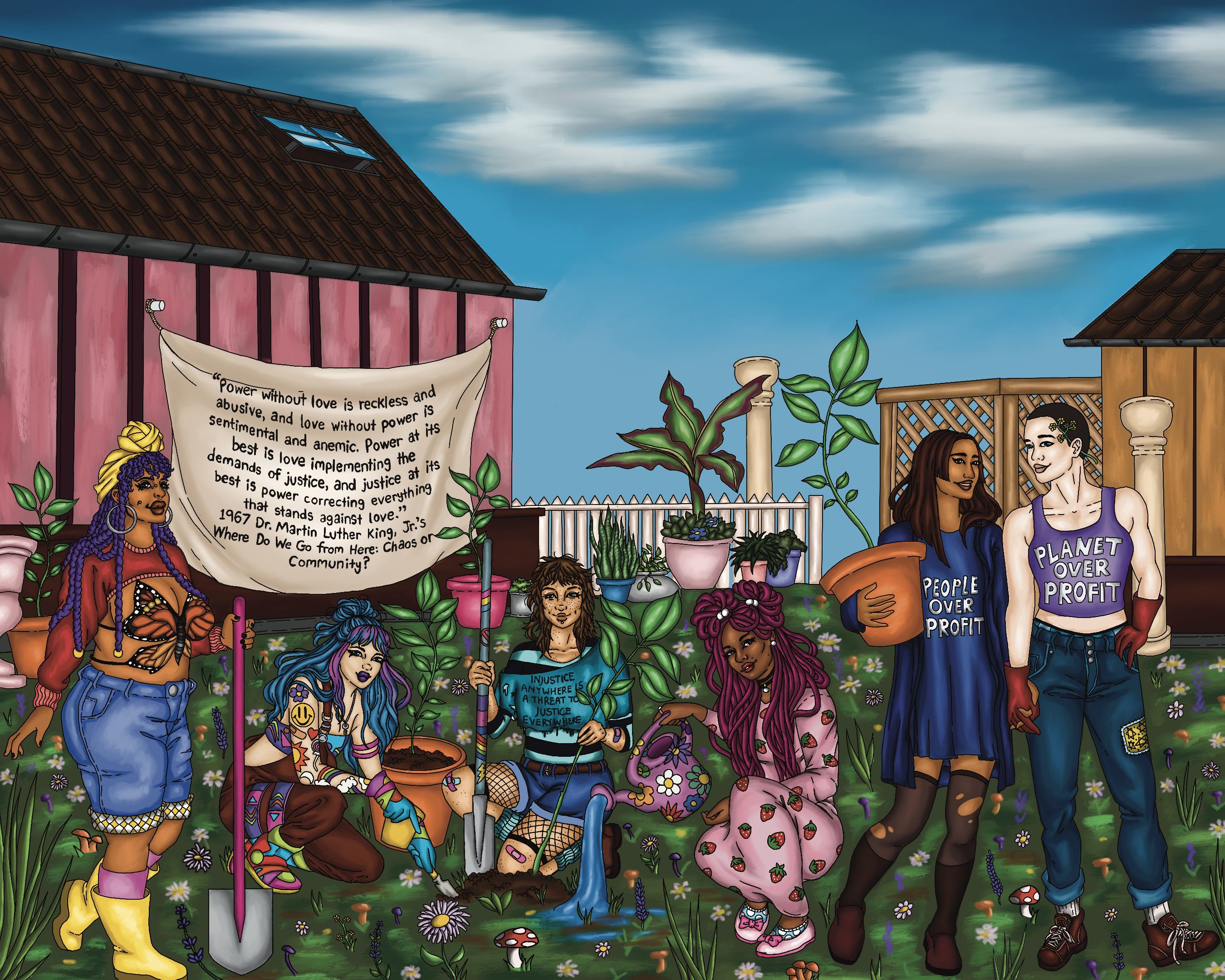 An image of queer activists tending to a garden with a quote by Dr. Martin Luther King, Jr.
