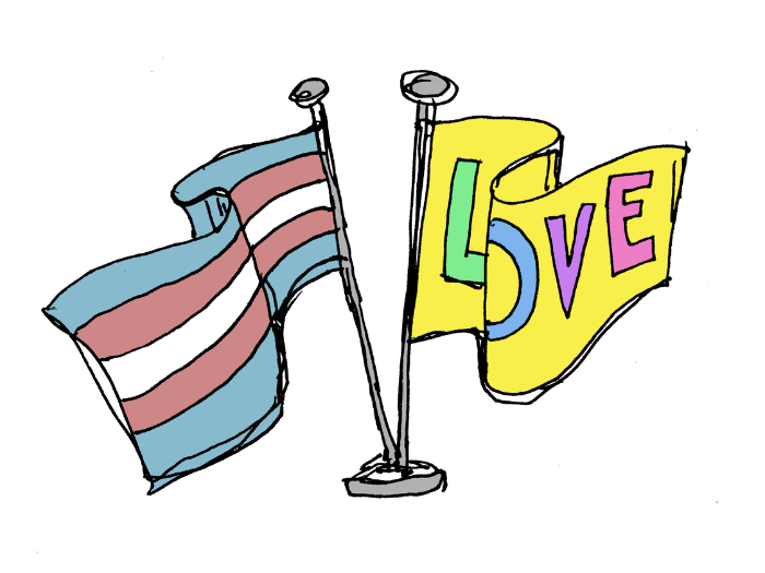 Two illustrated flags, one is the trans pride flag, the other says "Love" on it.