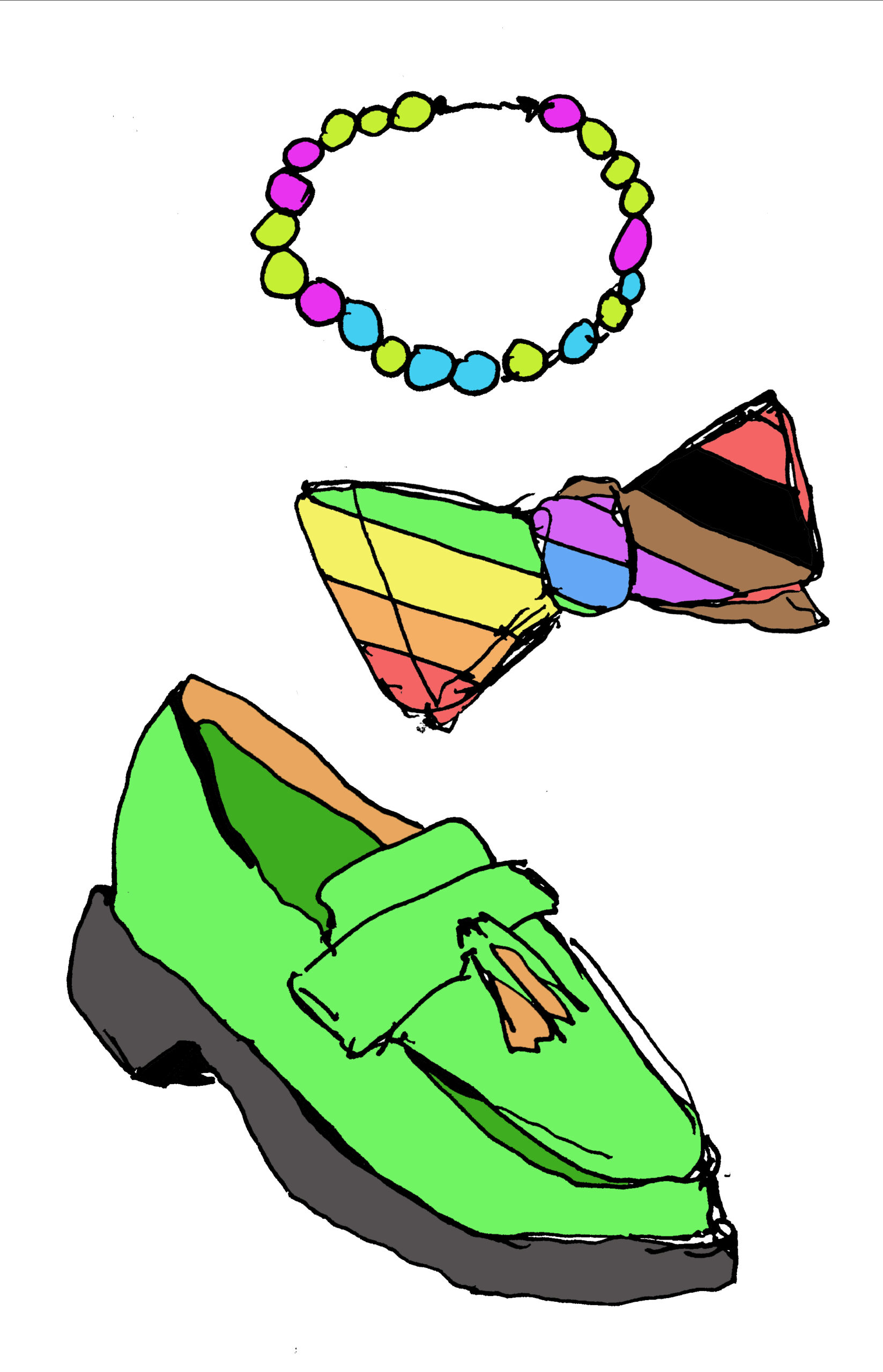 A drawing of a pair of green shoes, a rainbow bow tie and a bracelet. 