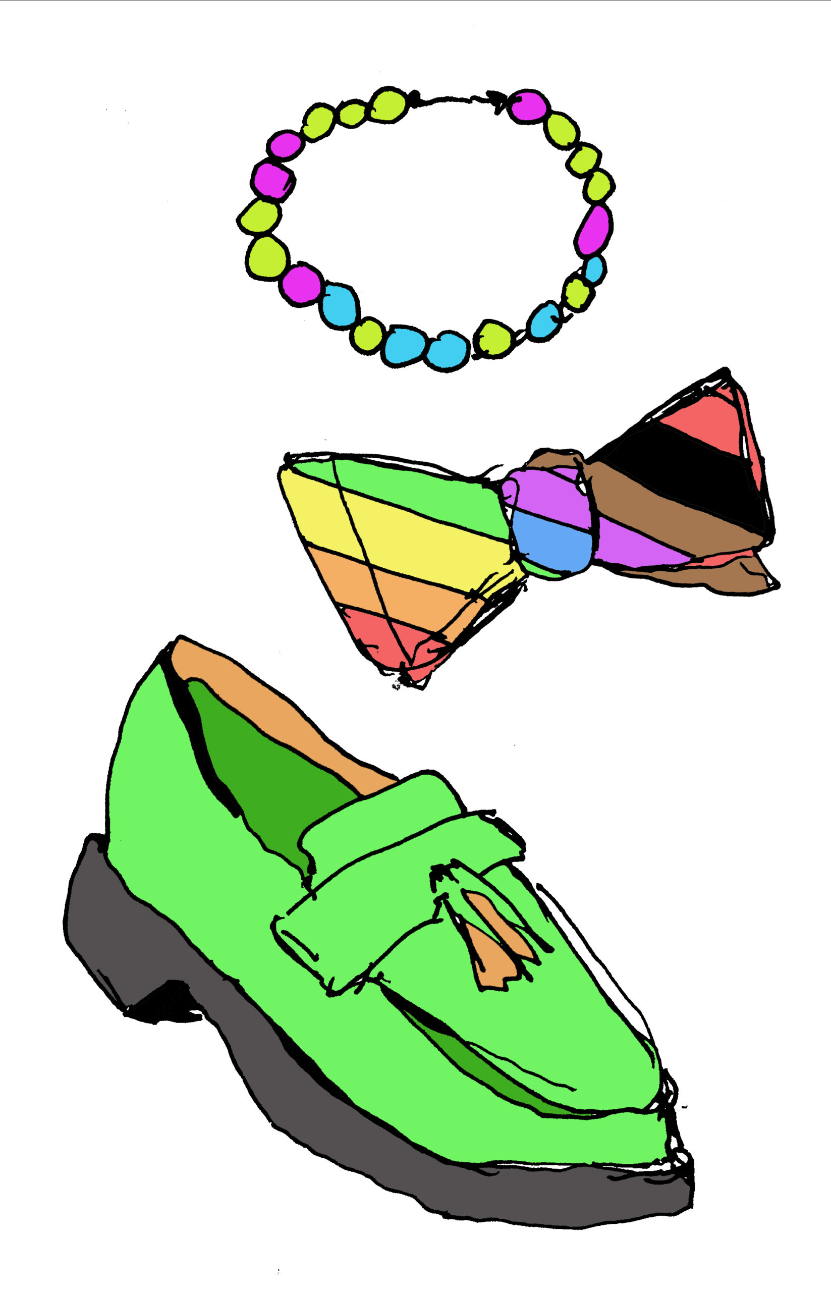 A drawing of a pair of green shoes, a rainbow bow tie and a bracelet.