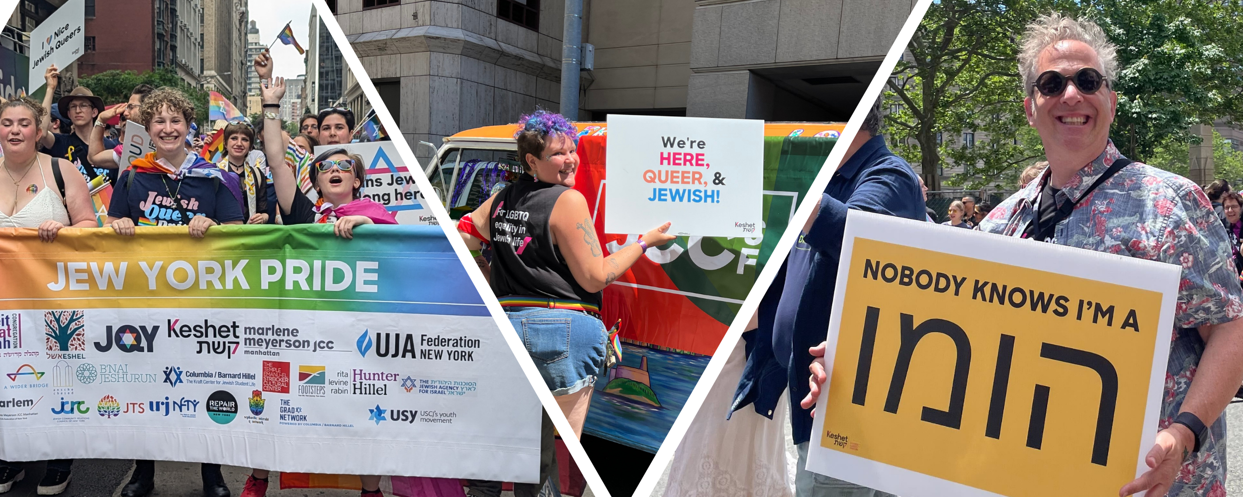 three photos in a collage- Keshet marching at NYC pride, Eliana K holding a we're here we're queer sign, and Lenny Goldstein marching in a pride parade